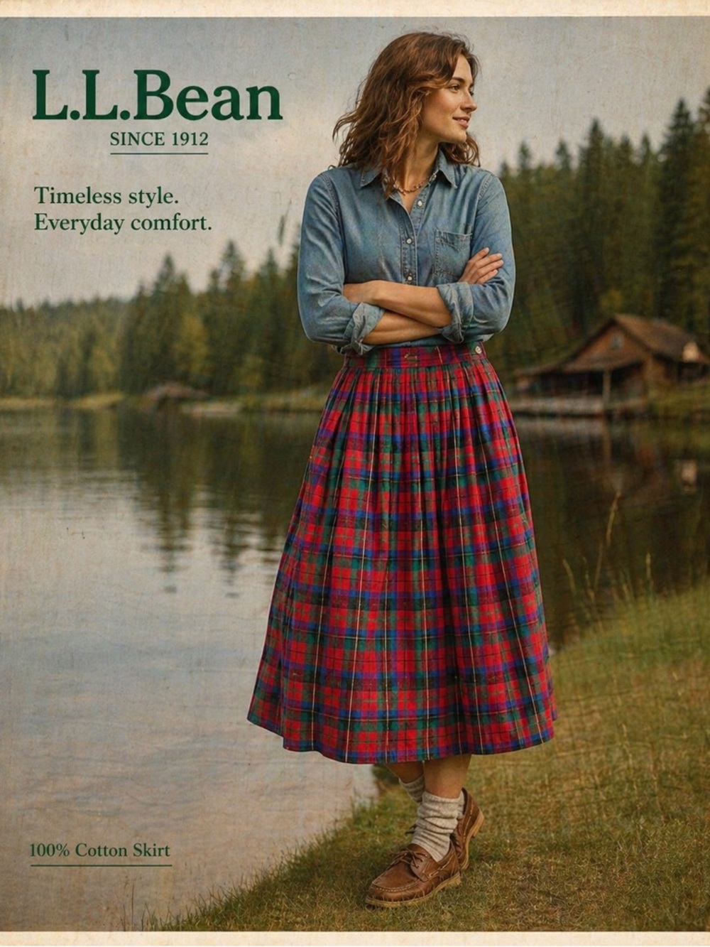 L.L. Bean Vintage Red and Green Plaid 100% COTTON Midi Skirt Size 14